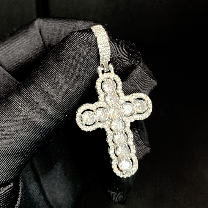 Collier avec pendentif en zircon et croix hip-hop avec incrustation de cuivre