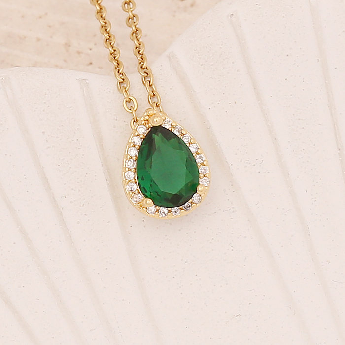 New Retro Emerald Zircon Inlaid Pendent Copper Necklace Clavicle Chain