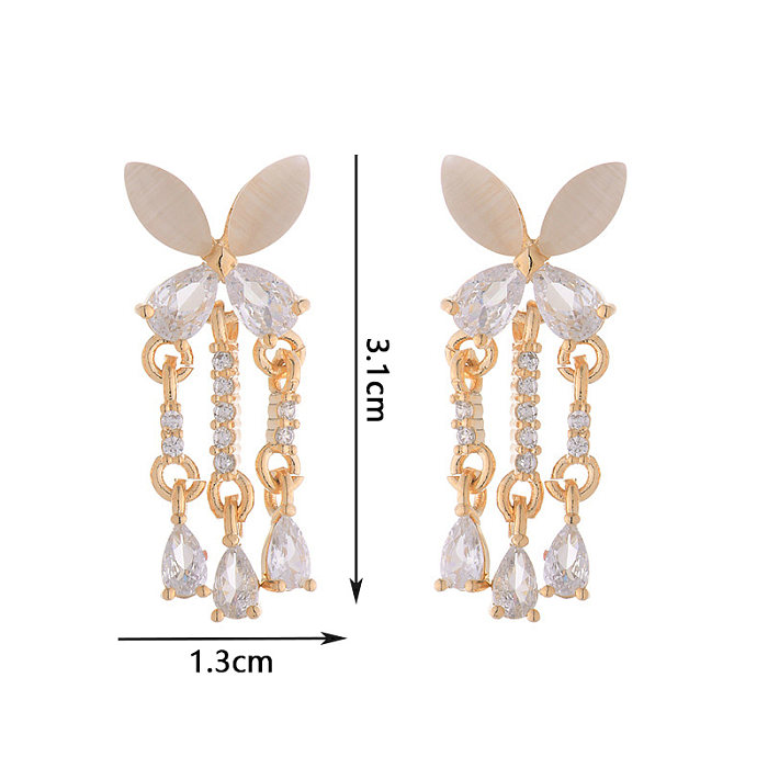 1 Pair IG Style Elegant Water Droplets Butterfly Plating Inlay Copper Opal Zircon 14K Gold Plated Drop Earrings