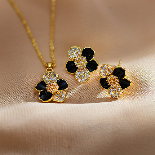 Collier de boucles d'oreilles en Zircon avec incrustation de cuivre et fleur douce élégante