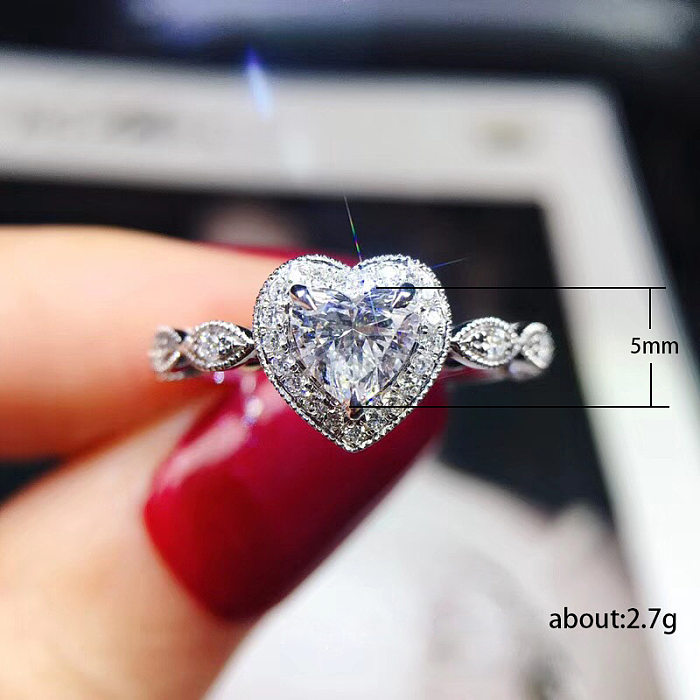 Anéis de zircão embutidos de cobre em forma de coração estilo simples 1 peça
