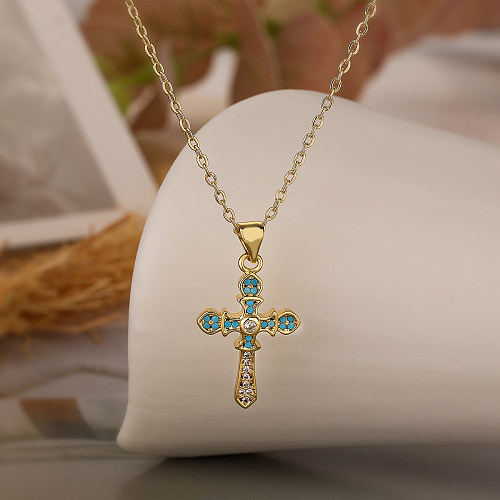 Basic Classic Style Cross Copper Plating Inlay Zircon 18K Gold Plated Pendant Necklace