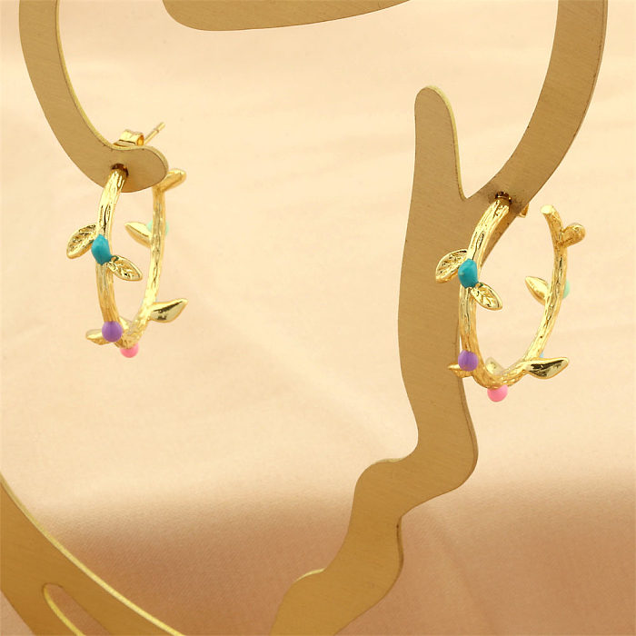 1 Pair Retro Simple Style Leaves Enamel Plating Copper 18K Gold Plated Drop Earrings