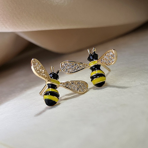 1 Pair Cute Bee Copper Plating Inlay Zircon Gold Plated Ear Studs