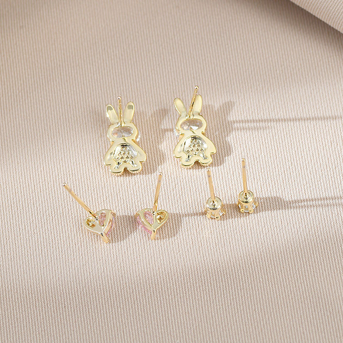 Fashion Rabbit Round Heart Shape Copper Plating Inlay Zircon Ear Studs 1 Set