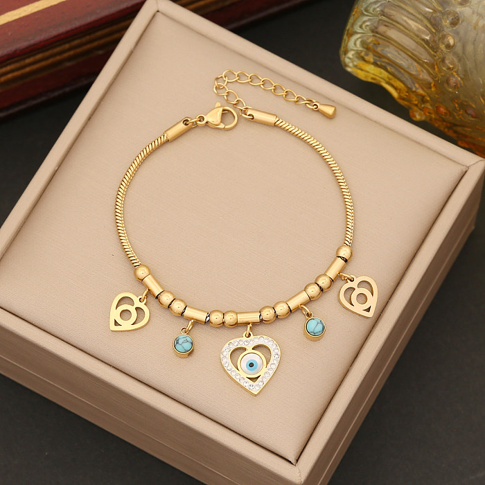 Elegante coração forma olho chapeamento de aço inoxidável incrustação diamante artificial turquesa pulseiras brincos colar