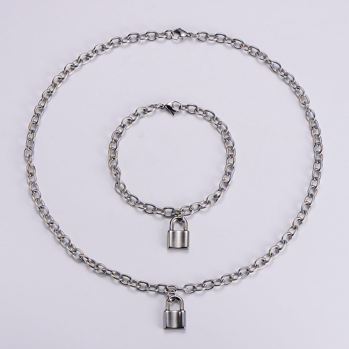Jewelry Wholesale Classic Stainless Steel Romantic Love Lock Bracelet Necklace Set
