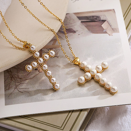 Simple Style Commute Cross Copper Plating Inlay Artificial Pearls 18K Gold Plated Pendant Necklace
