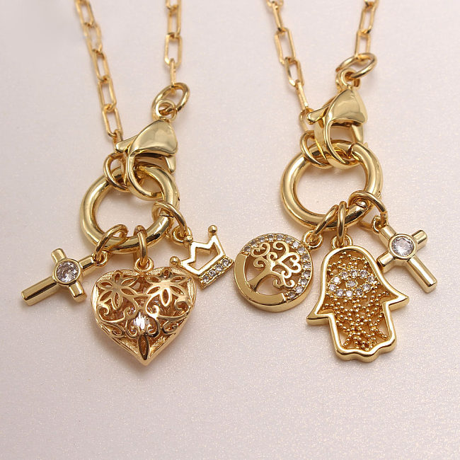 Modern Style Cross Heart Shape Bc1035 Lucky Tree Copper Gold Plated Zircon Pendant Necklace In Bulk