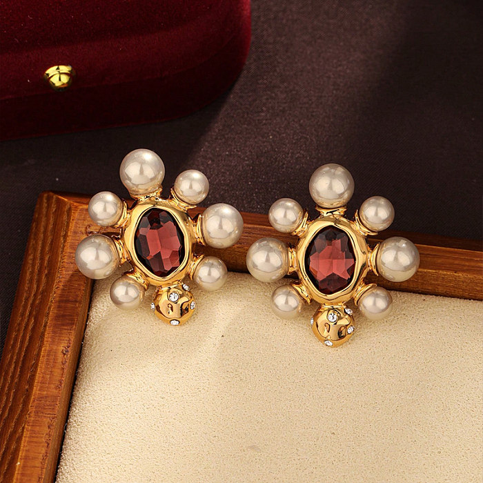 1 par de pendientes de circonita con perlas de cobre y incrustaciones geométricas de estilo Vintage para mujer