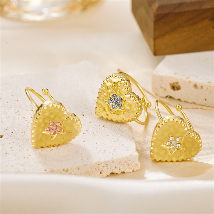 Vintage Style Shiny Star Heart Shape Flower Stainless Steel Plating Inlay Rhinestones 18K Gold Plated Open Rings