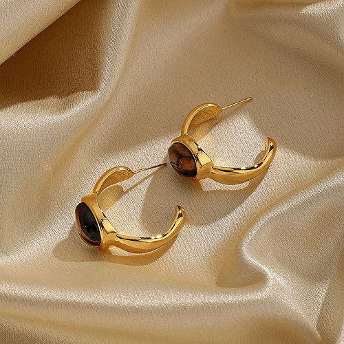 1 par elegante retrô em forma de C chapeamento incrustado opala de cobre 18K brincos banhados a ouro