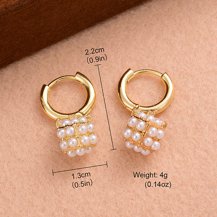 1 Pair IG Style Elegant Geometric Plating Three-dimensional Inlay Copper Pearl Zircon 14K Gold Plated Drop Earrings