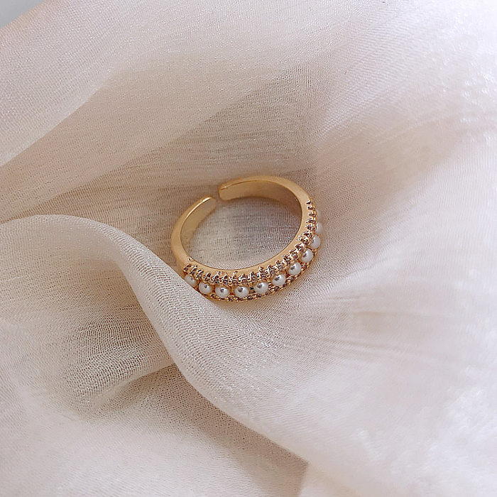 Simple Style Round Copper Plating Inlay Pearl Zircon Open Ring