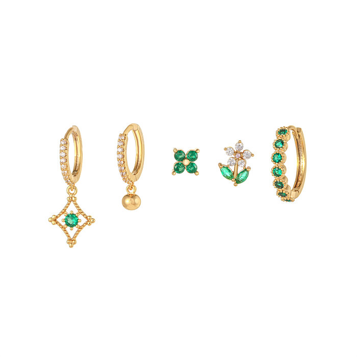 Fashion Leaves Flower Copper Gold Plated Zircon Earrings 5 Piece Set