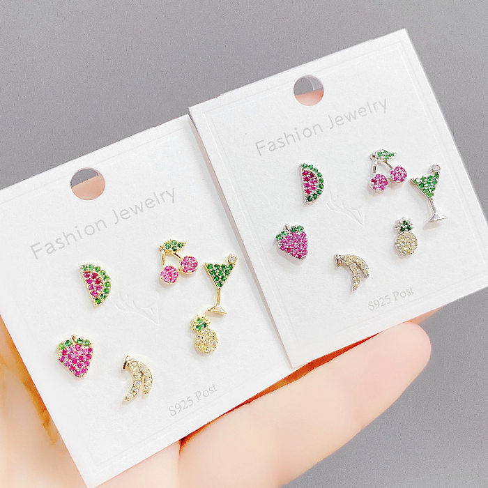 Sweet Fruit Copper Ear Studs Asymmetrical Inlay Zircon Copper Earrings 3 Pairs