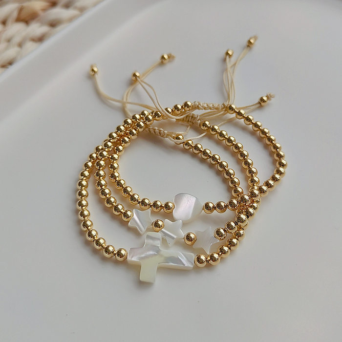 Retro Cross Star Heart Shape Pearl Copper Bracelets 1 Piece