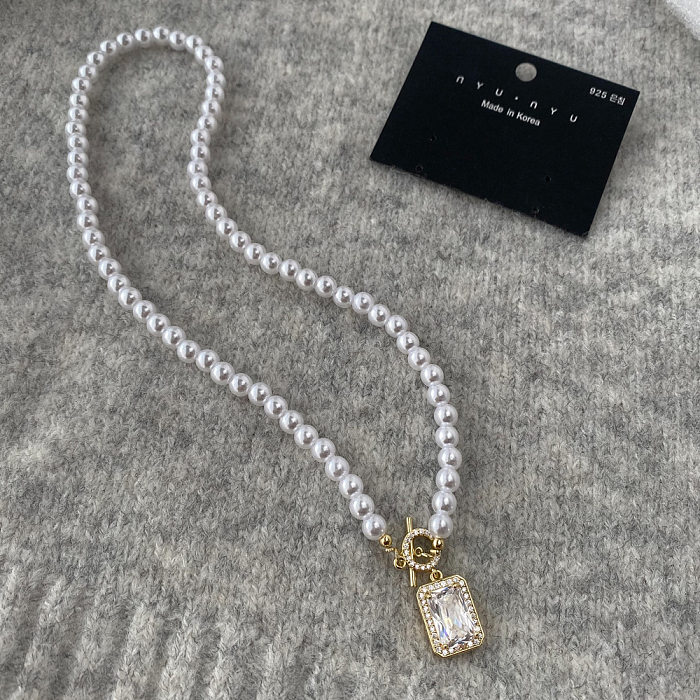 IG Style Rectangle Artificial Pearl Copper Toggle Plating Inlay Zircon Pendant Necklace