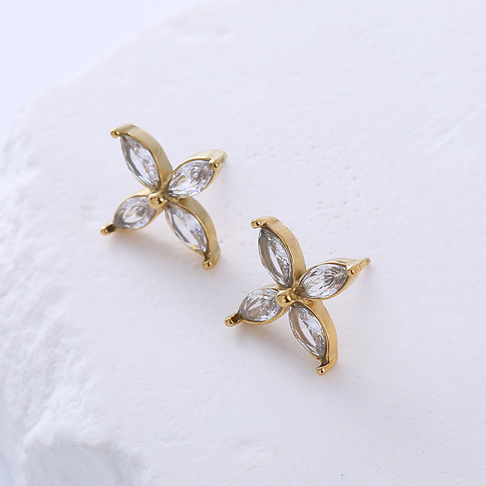 Simple Style Four Leaf Clover Stainless Steel Polishing Plating Zircon 18K Gold Plated Earrings Necklace Jewelry Set