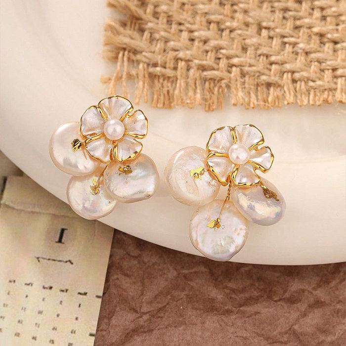 1 paire de clous d'oreilles en cuivre, perles d'eau douce, Style Simple et élégant, fleur