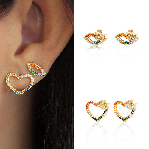 1 paire de clous d'oreilles plaqués or, lèvres de Style IG, incrustation en forme de cœur, cuivre et Zircon plaqué or