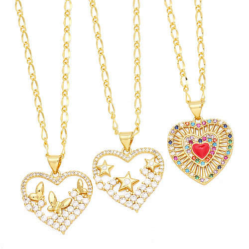 Sweet Streetwear Heart Shape Butterfly Copper Plating Inlay Zircon 18K Gold Plated Pendant Necklace