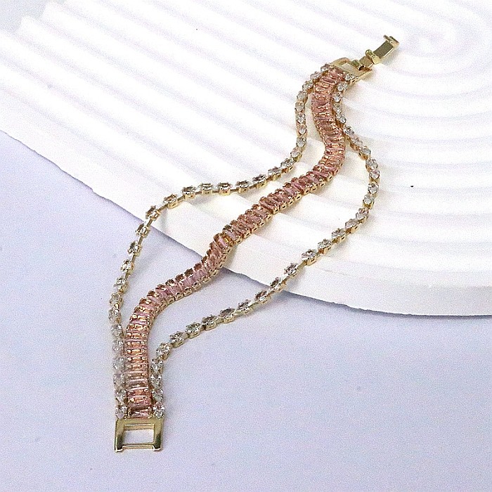 Pulseiras banhadas a ouro de zircônia com chapeamento de cobre retangular estilo simples e elegante