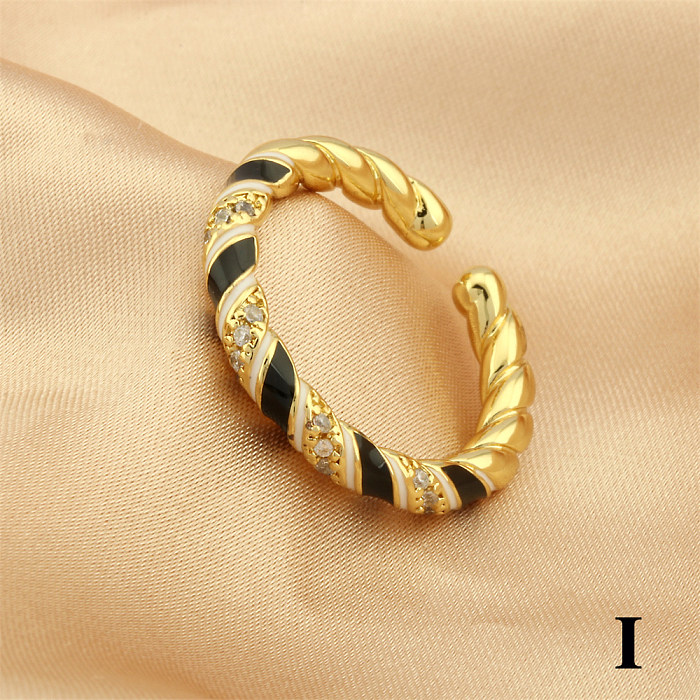 Simple Style Twist Copper Enamel Plating Inlay Zircon 18K Gold Plated Open Rings