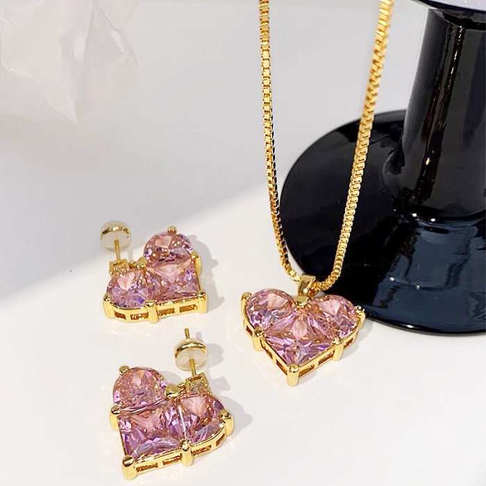 Fashion Heart Shape Copper Inlay Zircon Women'S Earrings Necklace