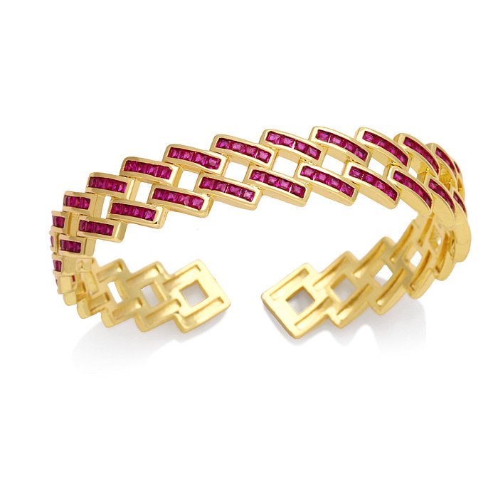 Modern Style Geometric Square Copper Plating Inlay Zircon 18K Gold Plated Bangle