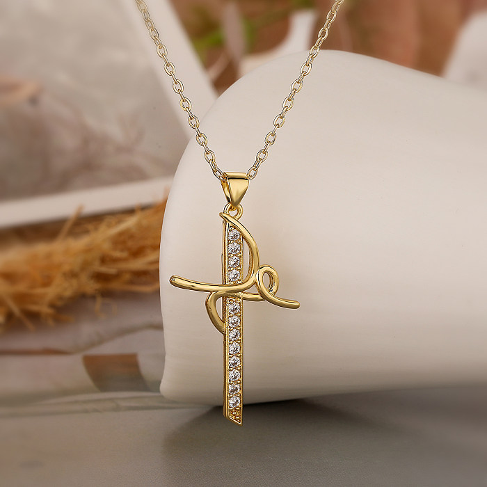 Elegant Lady Classic Style Cross Copper Plating Inlay Zircon 18K Gold Plated Pendant Necklace