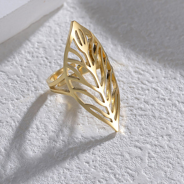Casual Simple Style Leaves Stainless Steel Plating Hollow Out 14K Gold Plated Open Rings