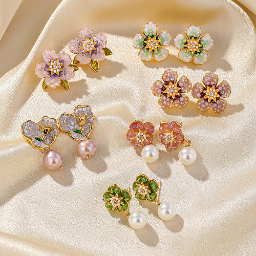 1 Paar glamouröse, luxuriöse Pendel-Ohrringe in Herzform, mit Epoxidbeschichtung, Inlay, Imitationsperle, Kupfer, künstlicher Kristall, 18 Karat vergoldet