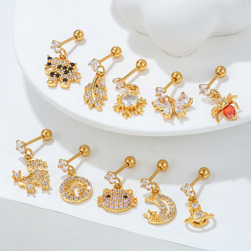 1 Stück glänzende Tier-Mondblätter, Kupferbeschichtung, Inlay, Zirkon, 18 Karat vergoldet, Ohrhänger