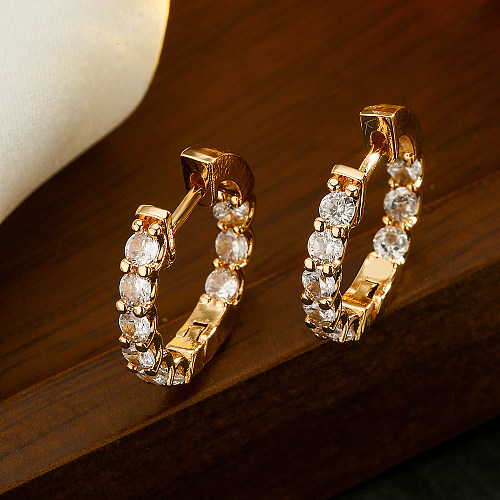 1 paire de boucles d'oreilles rondes en cuivre plaqué or 18 carats, Style Simple, incrustation de Zircon