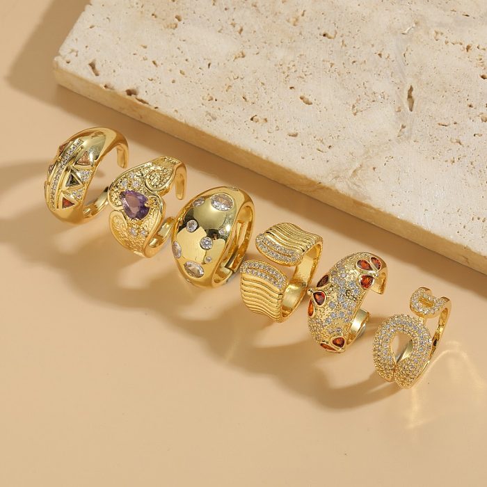 Elegante, luxuriöse herzförmige offene Ringe mit Kupferbeschichtung und Zirkoneinlage, 14 Karat vergoldet