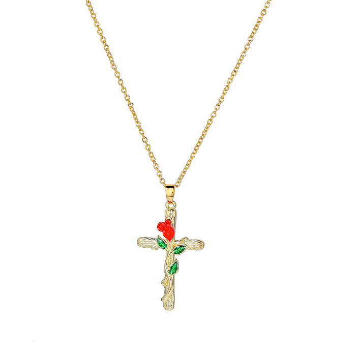 Collier pendentif élégant en cuivre et émail avec fleur en forme de croix