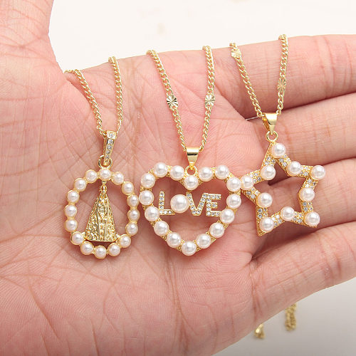 Basic Vintage Style Pentagram Cross Heart Shape Copper Gold Plated Artificial Pearls Zircon Pendant Necklace In Bulk
