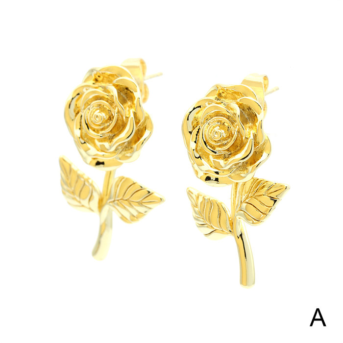 1 Pair Simple Style Rose Flower Plating Inlay Copper Zircon 18K Gold Plated Drop Earrings