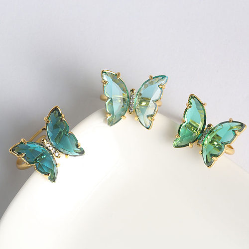 Lässige offene Ringe im Vintage-Stil, Schmetterling, Kupfer, Schmetterlingseinlage, Glas