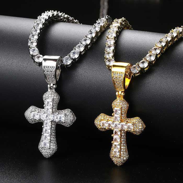 Hip-Hop Cross Copper Plating Zircon Pendant Necklace