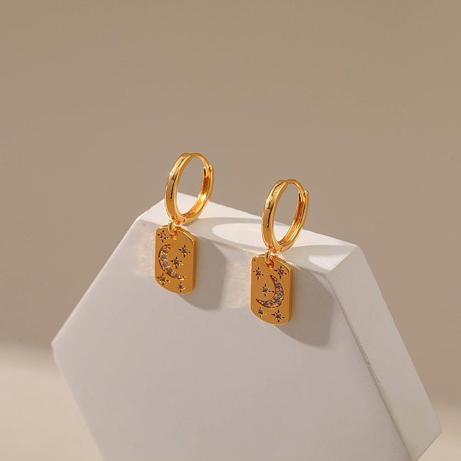 1 par de pendientes colgantes chapados en oro de 18K con incrustaciones de cobre rectangulares y estrella y Luna de estilo Simple