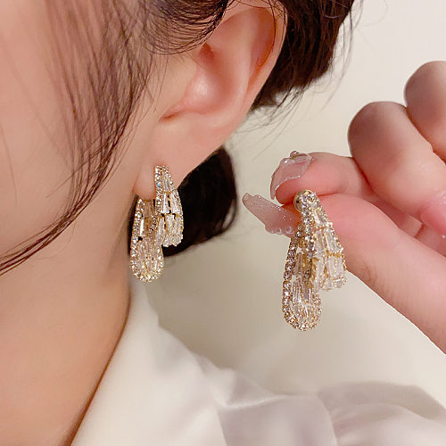 1 paire de boucles d'oreilles pendantes plaquées or 14 carats, Style IG, incrustation géométrique brillante en cuivre et Zircon
