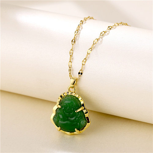 Ethnic Style Buddha Titanium Steel Brass Inlay Artificial Gemstones Necklace 1 Piece