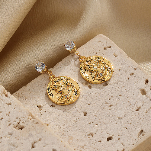 1 paire de boucles d'oreilles pendantes en cuivre et Zircon plaqué or 18 carats avec incrustation ronde humaine