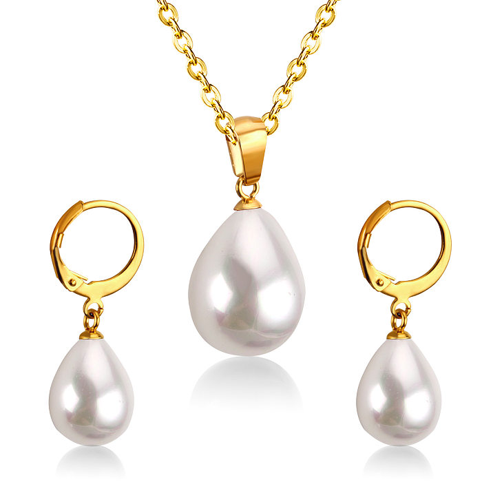 Fashion Water Droplets Stainless Steel Inlay Artificial Pearls Earrings Necklace 1 Set