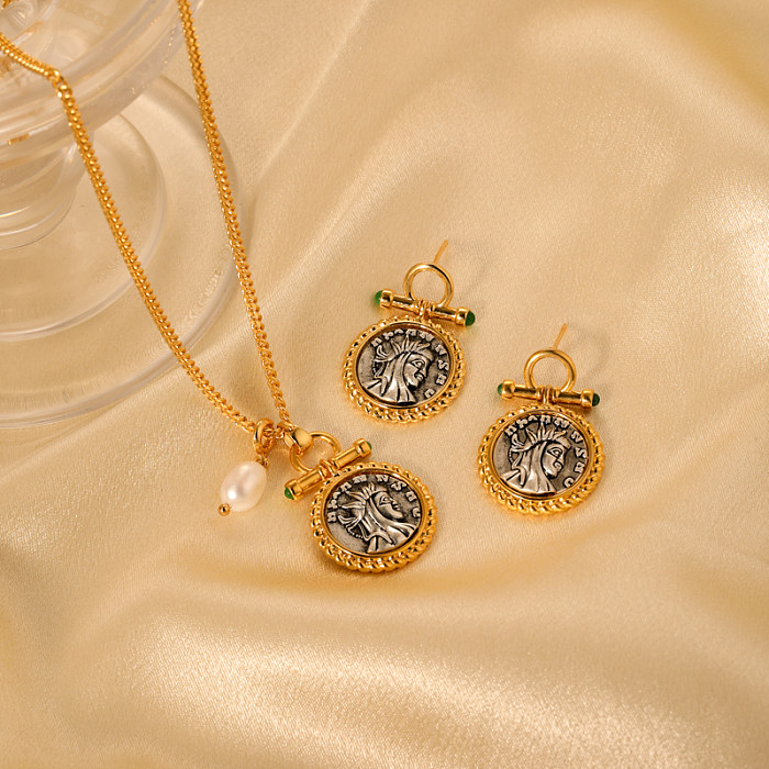 Collar de pendientes chapado en oro de 18 quilates con incrustaciones de cobre con retrato clásico