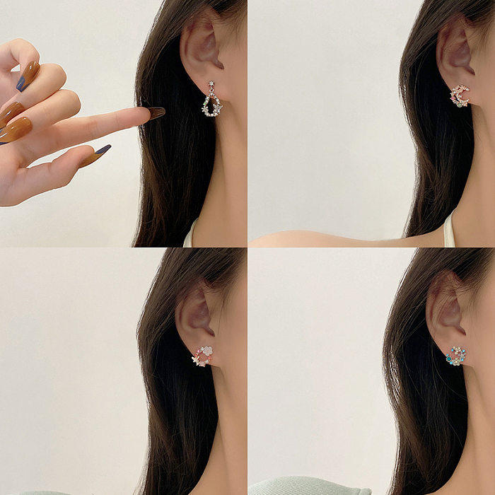 Fashion Heart Shape Flower Copper Hollow Out Inlay Pearl Zircon Ear Studs 1 Pair