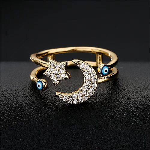 Retro Cool Style Devil'S Eye Star Moon Copper Plating Inlay Zircon Open Ring