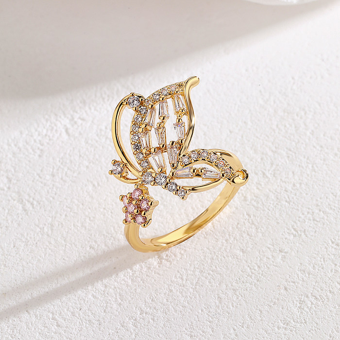 Fashion Butterfly Copper Gold Plated Zircon Open Ring 1 Piece